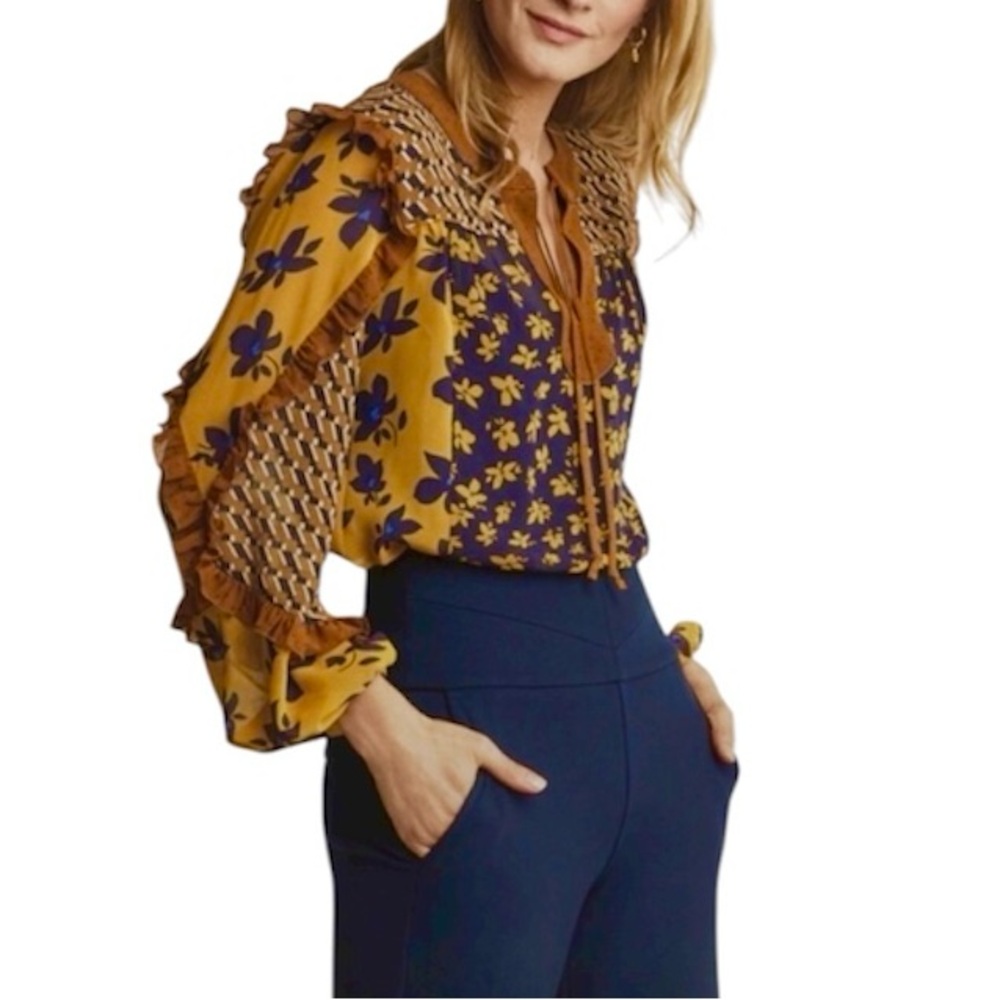 Cabi Semi Sheer Amber Navy Floral Ruffle Relaxed Fit Boho Cottagecore Blouse S‎